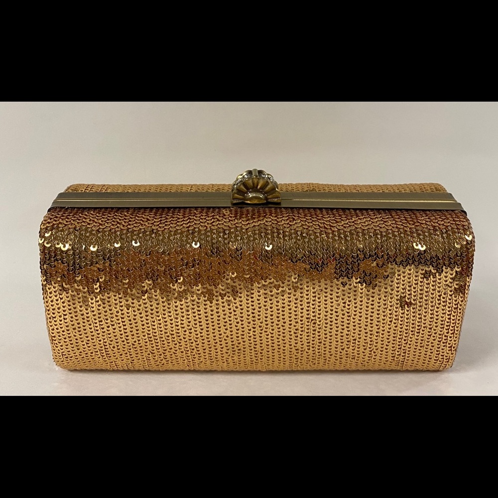 Mini gold sequin box clutch with chain strap